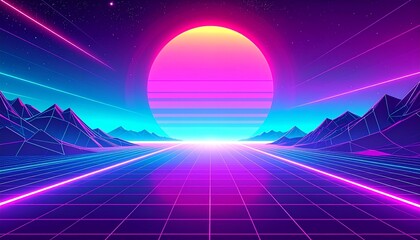 Retro-futuristic glowing grid landscape with vibrant neon sunset, abstract synthwave background