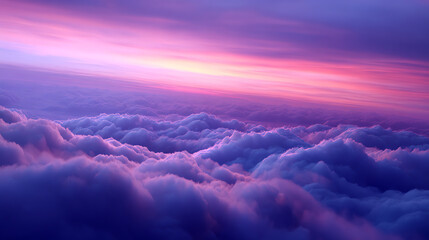 A breathtaking view of a purple and pink sunset seen above a sea of fluffy clouds, creating a dreamy and serene atmosphere high in the sky