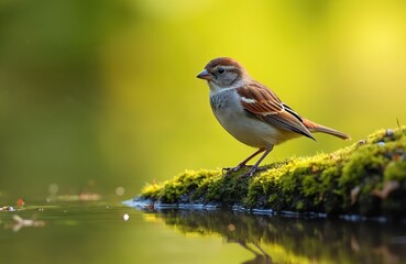 Small sparrow bird sits on mossy branch near water reflection. Brown and white avian fauna with small beak rests outdoors in green natural environment. Birdwatching subject.