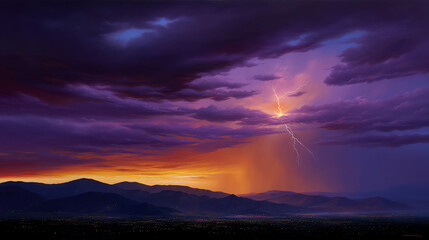 Lightning strikes over a mountain range at sunset, with dramatic purple and orange clouds illuminating the sky and city lights twinkling below in the valley