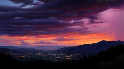 A vibrant sunset over a cityscape nestled in mountains, with dramatic purple clouds and lightning striking the sky, illuminating the valley below
