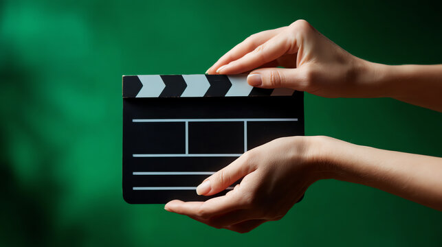 A pair of hands holding a black and white film clapperboard against a blurred green background, symbolizing the film industry and movie production process