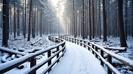 Snow covered wooden boardwalk winding through a winter forest