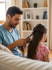 Father Braiding Daughters Hair at Home in Cozy Room