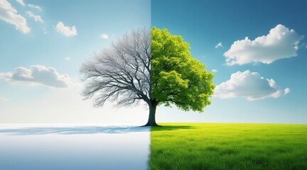 Tree divided showing winter and spring seasons side by side