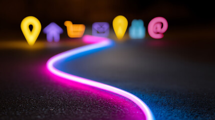A glowing neon path leads toward colorful, blurred digital icons representing location, home, shopping, mail, and social media on a dark textured surface