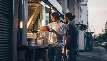 Fototapeta premium Two men serving food at a small outdoor street food stand during sunset.