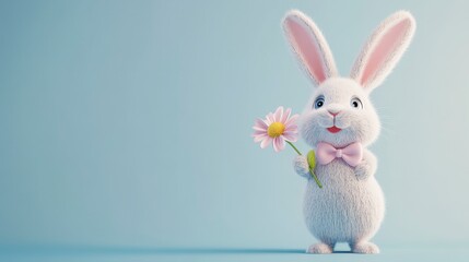 A cute white bunny with pink bow tie holding a flower against a light blue background studio shot