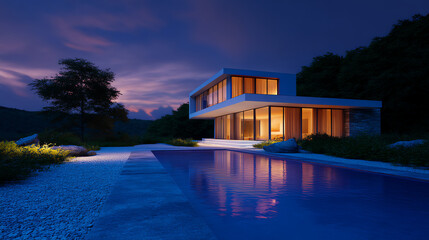 Modern two-story house with large glass windows glowing warmly, set beside a rectangular pool at dusk with a peaceful landscape and soft purple sky in the background