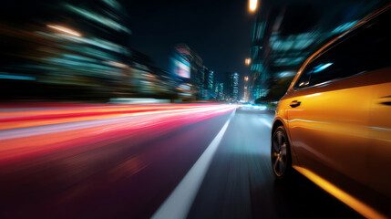 A yellow car speeding through a city street at night, with blurred lights and buildings creating a sense of fast motion and dynamic urban energy