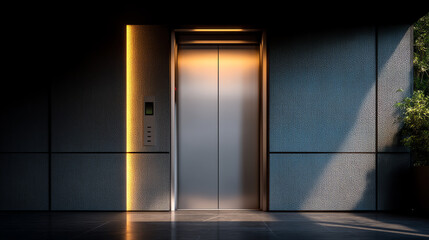 Modern elevator doors in a sleek, dimly lit corridor with textured walls and warm ambient lighting creating a sophisticated, minimalist architectural atmosphere