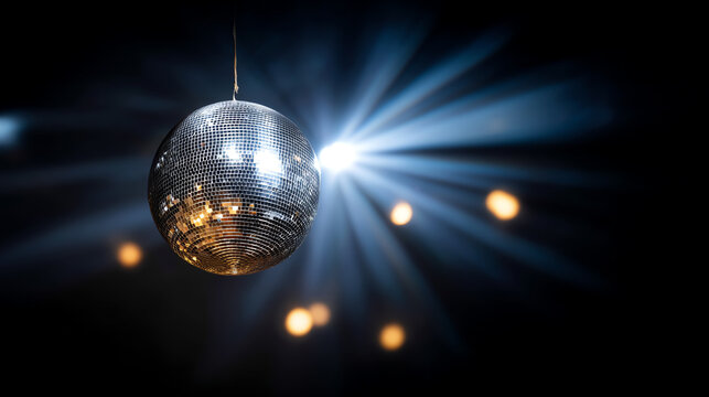 A reflective disco ball suspended in the air, illuminated by bright stage lights creating dazzling light beams and a vibrant party atmosphere