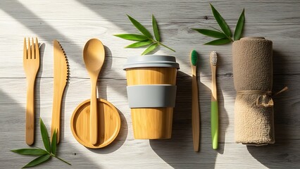 Ecofriendly bamboo products on rustic wooden table