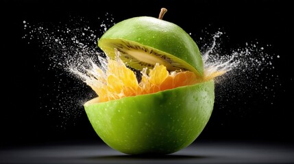 kiwi exploding mid-air with juice splash, against solid black, lit by studio light, captured in high-speed photo style, close-up, high-impact summer food visual
