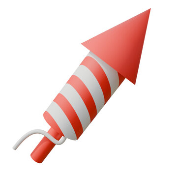 A 3D rendered firework, red and white striped body, red cone tip, short fuse, isolated on white, soft lighting, celebratory mood.
