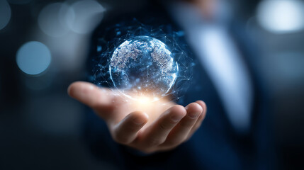 A glowing digital globe hovers above an outstretched hand, symbolizing global connectivity and futuristic technology in a dark, blurred background