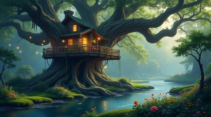 Magical treehouse nestled in a lush enchanted forest by a gentle stream