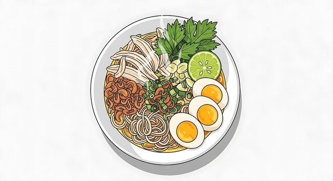 Delicious Indonesian Soto Ayam Noodle Soup with Chicken and Eggs.