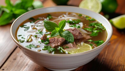 Close up of a Delicious Bowl of Traditional Vietnamese Pho Noodle Soup with Beef and Fresh Herbs