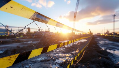Construction Site at Sunset with Caution Tape on Chain link Fence