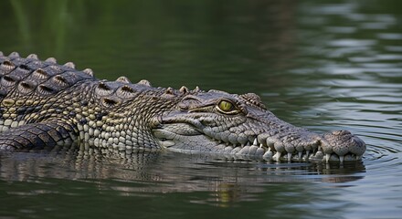 Fototapeta premium Close-up of a large crocodile partially submerged in water, its eye visible.