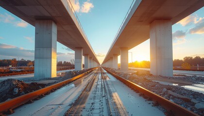 Elevated Railway Construction at Golden Hour with New Tracks and Concrete Supports