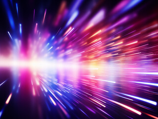Vibrant neon light trails speeding through dark space