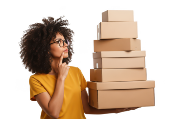 Woman holding a stack of boxes isolated on transparent background