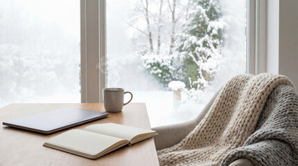 雪景色の窓辺でリモートワークする冬のホームオフィス温かいマグカップとミニマルデスク背景余白あり-生成AI