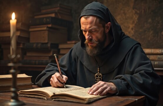 Monk in dark robes writes in old book by candlelight. He sits at wooden desk with stacks of ancient scrolls and texts in dimly lit room, preserving knowledge.