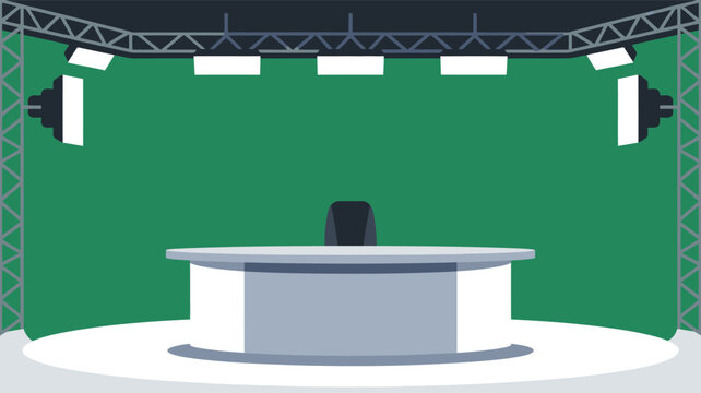 A news studio set with a green screen backdrop and lighting equipment illustration