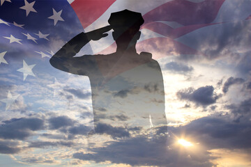 Silhouette of a police officer against the sky. American flag against the sunset. National Law Enforcement Appreciation Day concept