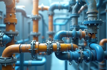 Fototapeta premium Industrial pipes complex network connects various points. Metal pipes system, valves, flanges carry fluid or gas. Infrastructure and utility theme.