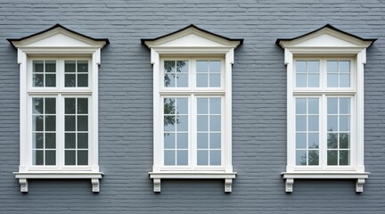 Three tall white windows on a gray wooden wall