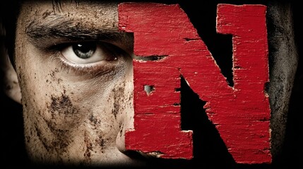 Intense  portrait shows a determined face partially obscured by a large, distressed red block letter.