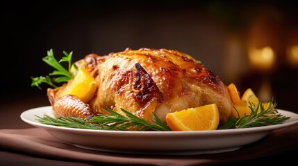 Succulent Roast Chicken with Aromatic Herbs and Fresh Citrus Garnish for a Perfect Family Meal or Festive Gathering