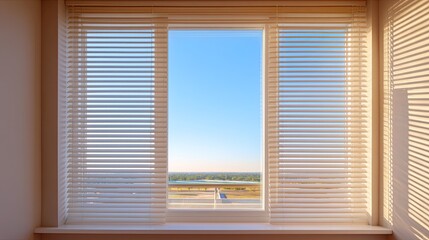 Bright and Tranquil View from a Modern Window with White Blinds Overlooking a Scenic Landscape under Clear Blue Sky