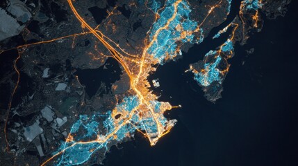 Illuminated urban sprawl demonstrates dense infrastructure networks bordering dark waterways from an overhead perspective