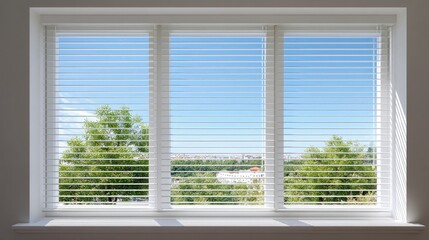 Fototapeta premium Bright and Airy Interior with Window Blinds Overlooking Lush Green Trees and Clear Blue Sky in a Calm Residential Area