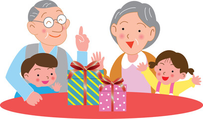 プレゼントを喜ぶ老夫婦と子供たち
