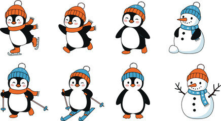 Cute Cartoon Penguins and Snowmen Bundle in Winter Clothes for Holiday Graphics, Stickers, Decorations, and Seasonal Design Projects, Featuring Skating, Skiing, and Cheerful Poses.