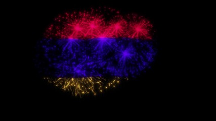 Armenia Flag Fireworks Celebration Animation, National Flag Shaped Fireworks, Independence Day Festival Effect, Isolated on Black Background