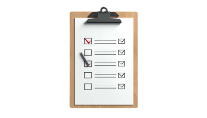 A wooden clipboard holds a checklist with check boxes and email icons. A pen marks one box with a check