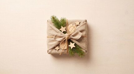 エコでおしゃれな風呂敷ギフトラッピングの俯瞰フラットレイ自然素材クリスマスプレゼント背景コピースペース-生成AI