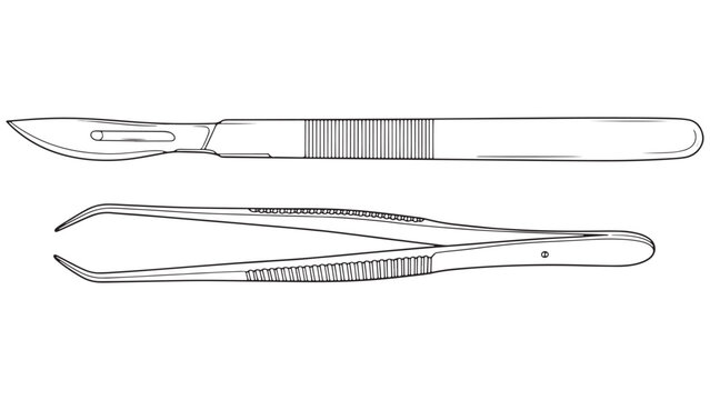 Vector line art illustration of surgical steel scalpel blade and medical tweezers for operation procedure