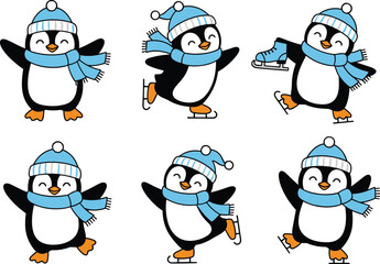 Cute little penguins wearing winter knitted blue hats and scarves are joyfully ice skating and having fun, celebrating a festive winter holiday or Christmas season vector illustration set.