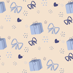 Seamless pattern with cute blue gift boxes, bows and heart shapes on a beige background. Hand drawn flat vector design for wrapping paper, fabric or holiday concepts