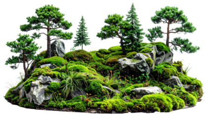 A vibrant, miniature landscape featuring a verdant hill covered in lush moss, accented by gray rocks and evergreen trees