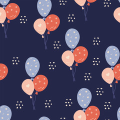 Seamless pattern with hand drawn balloons,heart shapes on a dark blue background. Muted flat design for fabric, wrapping paper or holiday concepts