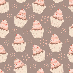 Seamless pattern with cute hand drawn cupcakes with heart shaped sprinkles